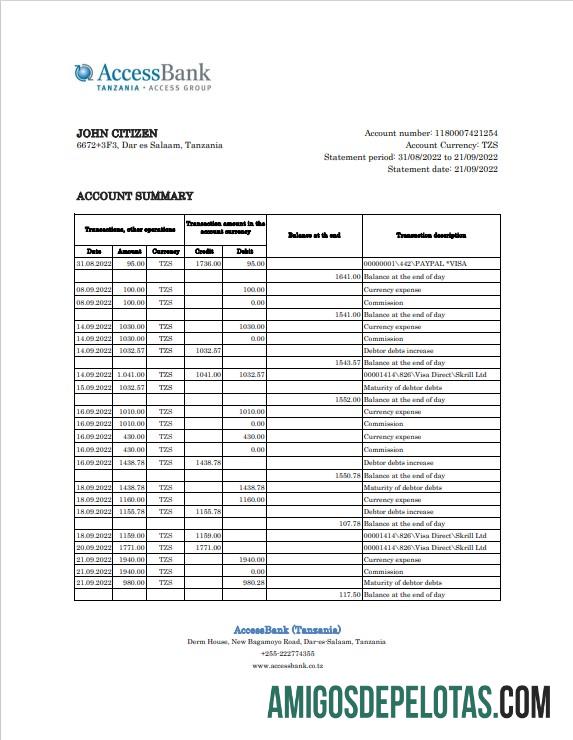 Extrato bancário de acesso da Tanzânia para impressão, modelo Excel e PDF